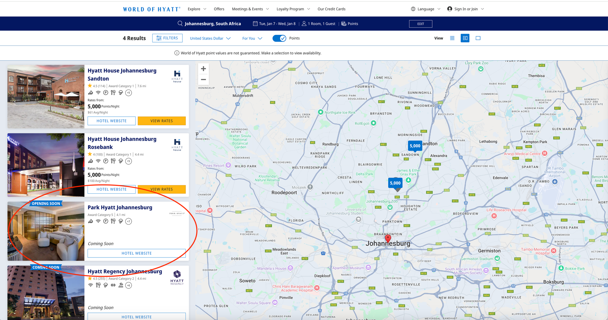Screenshot of Hyatt search in Johannesburg, SA