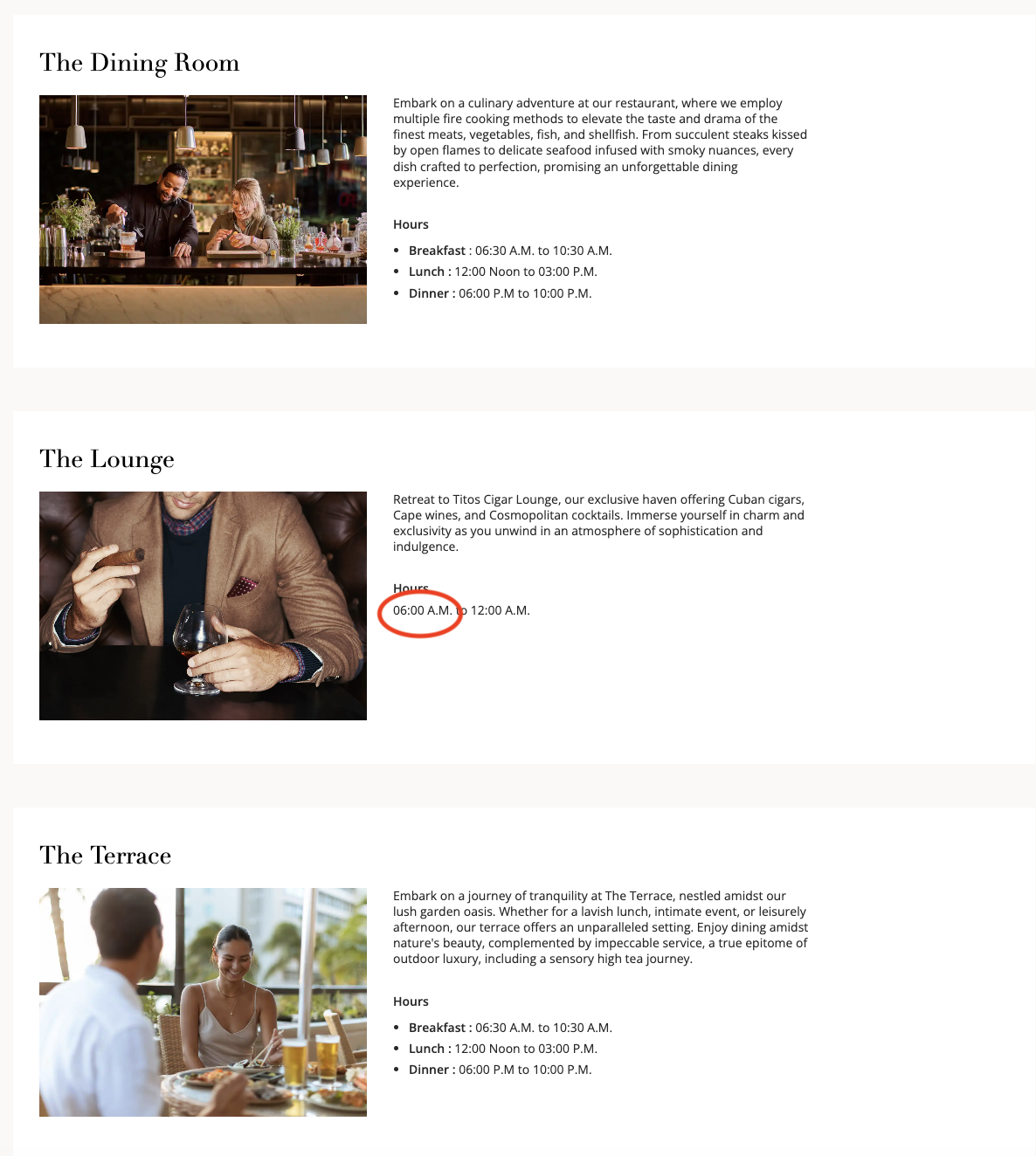 Screenshot of dining offerings at the PH Johannesburg
